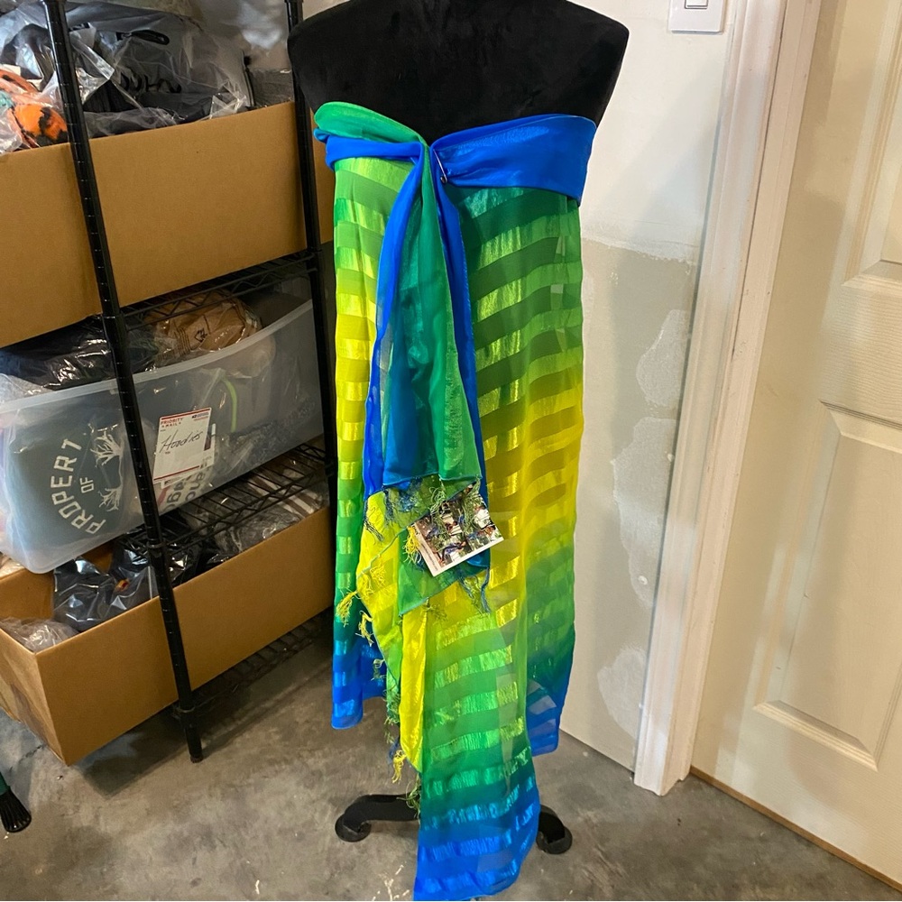 Rima Sarong Blue Yellow Green Striped Fringe Swimsuit Coverup NWT Beach Summer - Picture 6 of 7